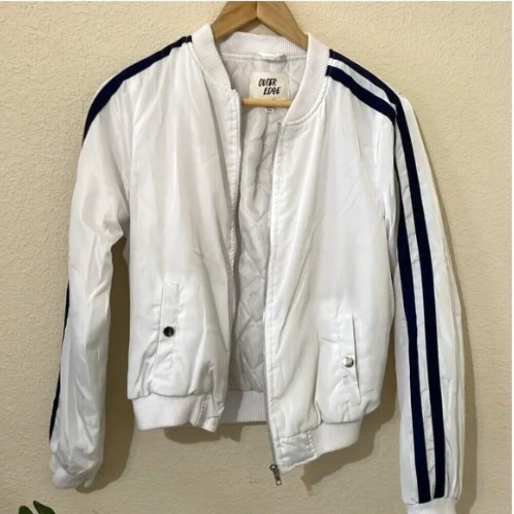 Outer Edge Bomber style Jacket White with Navy stripes Women's Size Medium